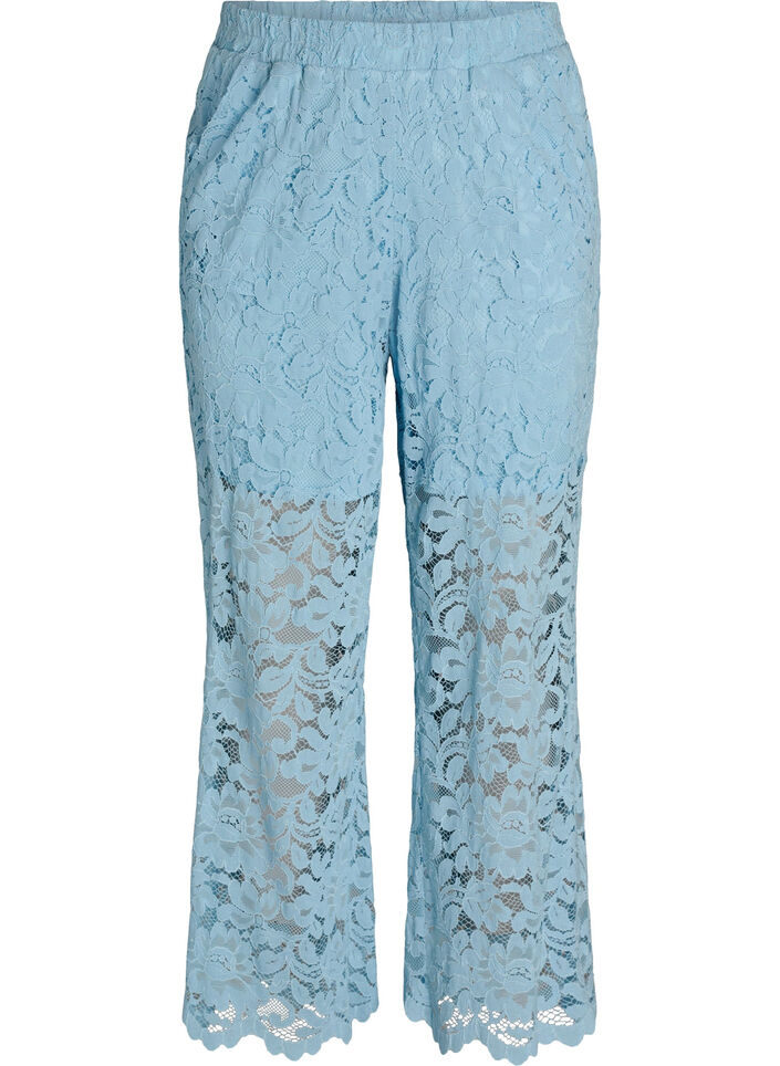 High-waisted lace trousers with straight legs, Blue, Packshot image number 0