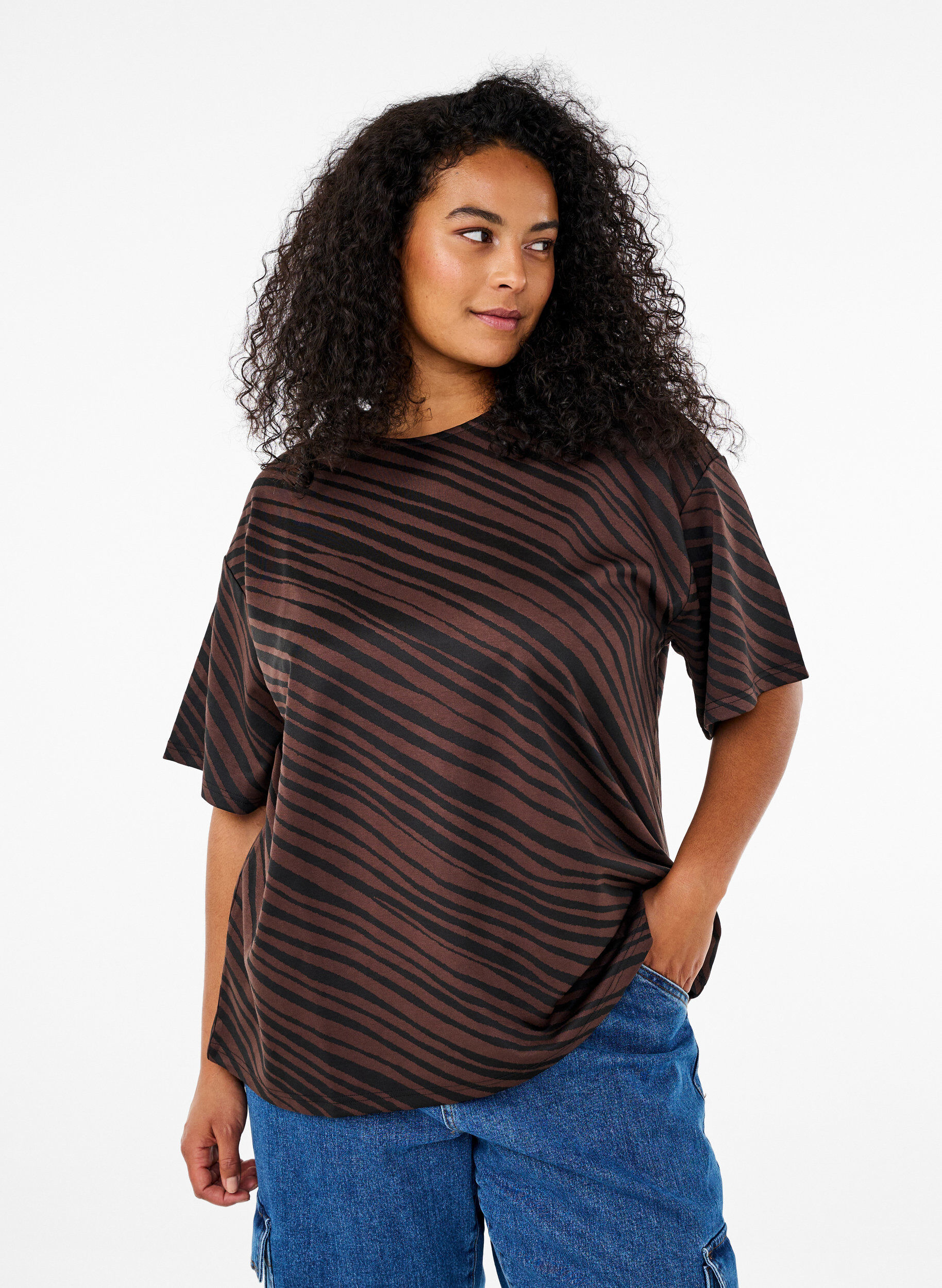 Zizzifashion Oversize blouse with pattern, Brown, Model image number 0