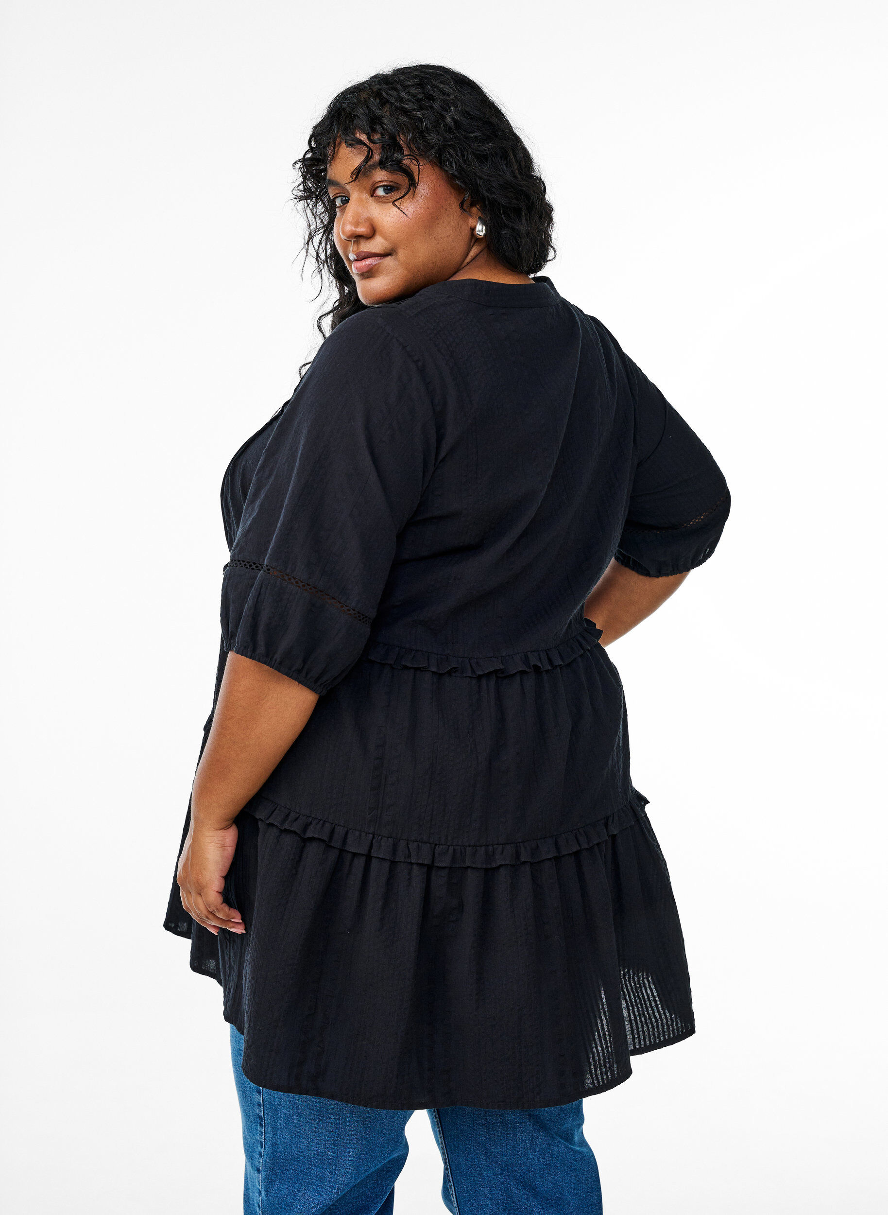 Zizzifashion A-shape tunic with ruffles, Black, Model image number 2