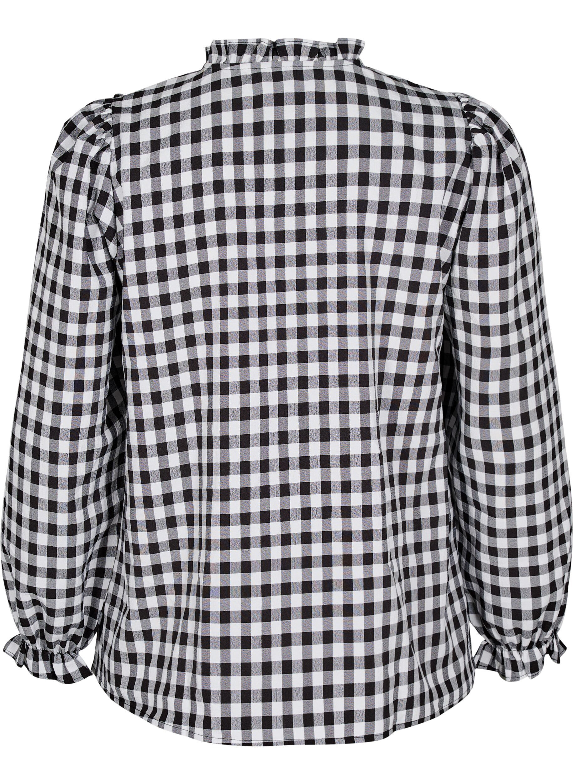Zizzifashion Checked shirt blouse with ruffle details, Black/W. Gingham, Packshot image number 1