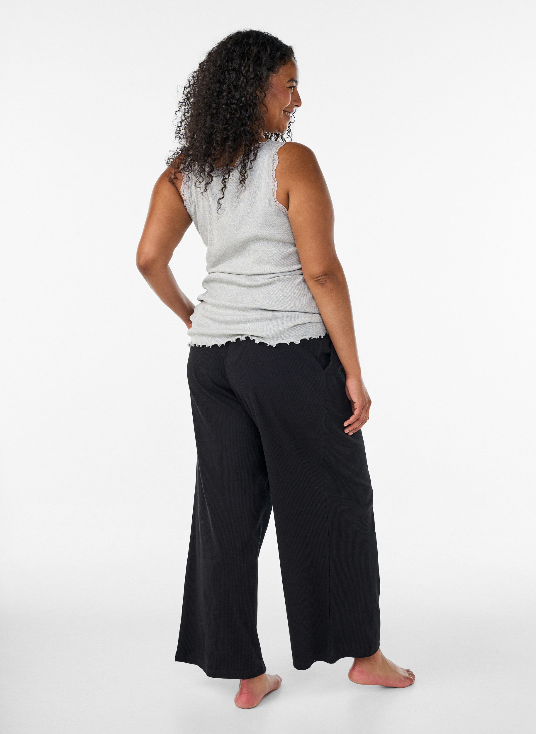 ZizzifashionRibbed top with lace trim, Grey, Model image number 2