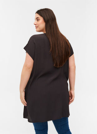 Short-sleeved viscose dress with smock detail, Licorice, Model image number 1