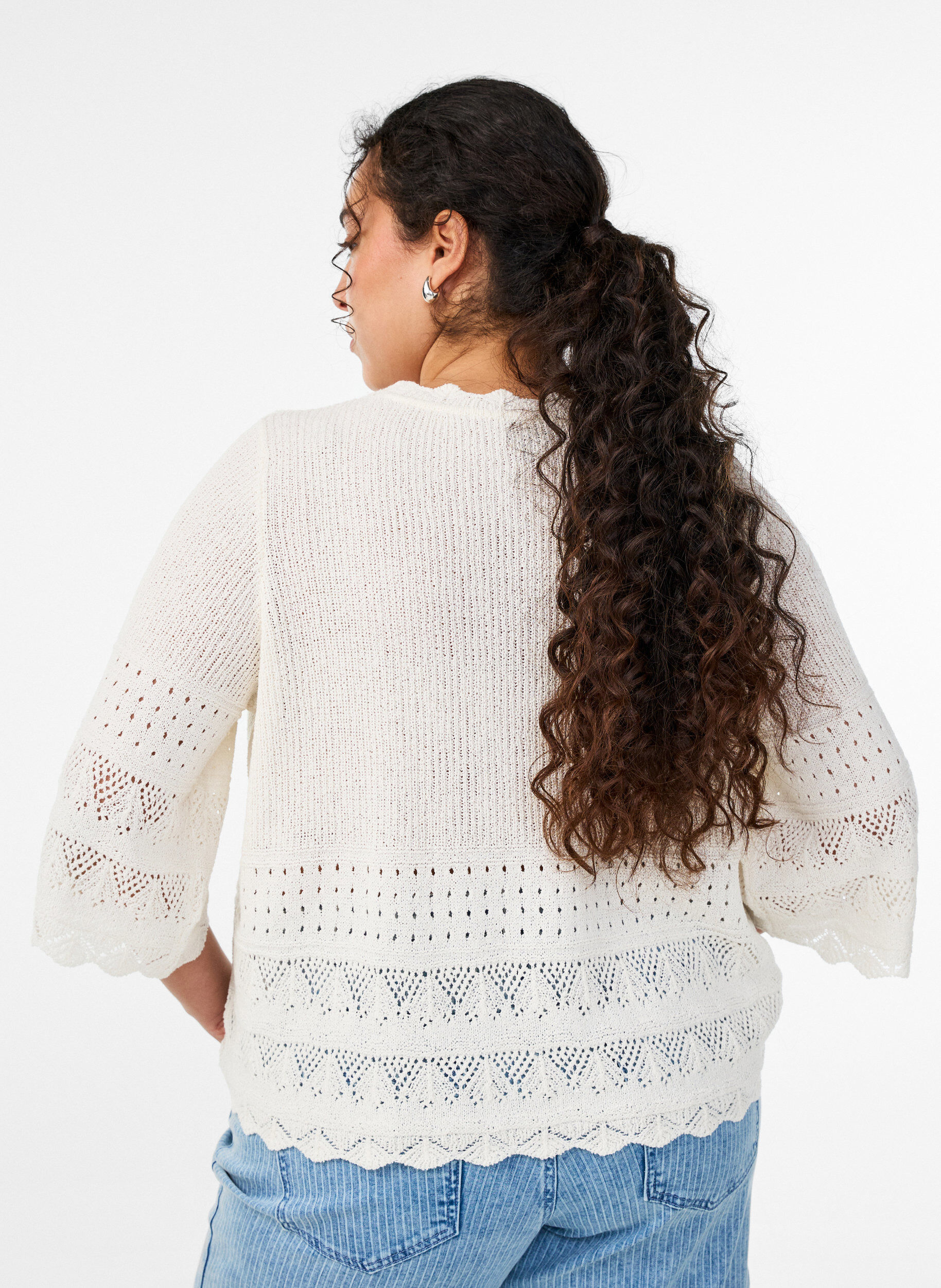 Zizzifashion Knitted blouse with eyelet embroidery and 1/2 sleeves, Vanilla, Model image number 2