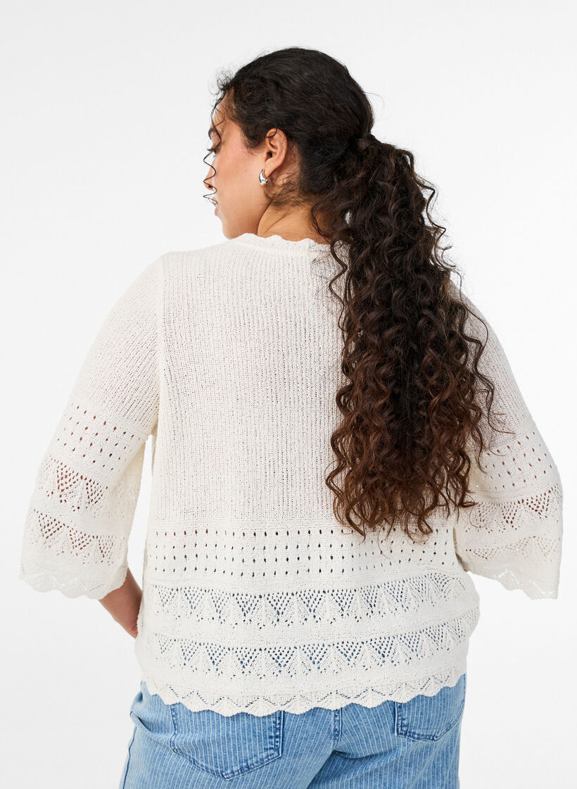 Knitted blouse with eyelet embroidery and 1/2 sleeves, Vanilla, Model image number 2