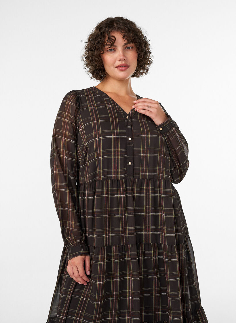 Checked midi dress with a tiered skirt, Brown, Model image number 2