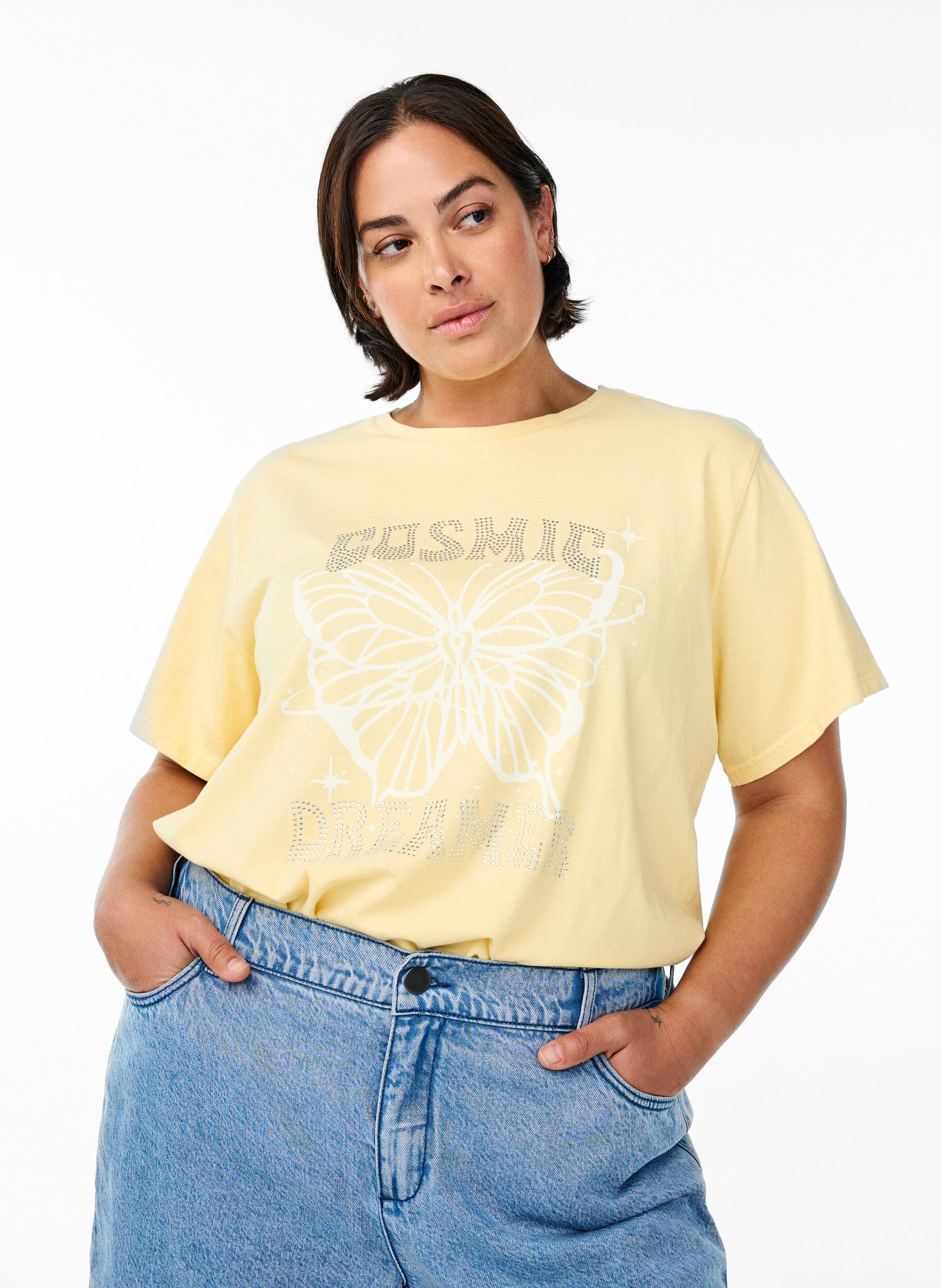 Zizzifashion Organic cotton T-shirt with rhinestones and butterfly motif, Beige, Model image number 0