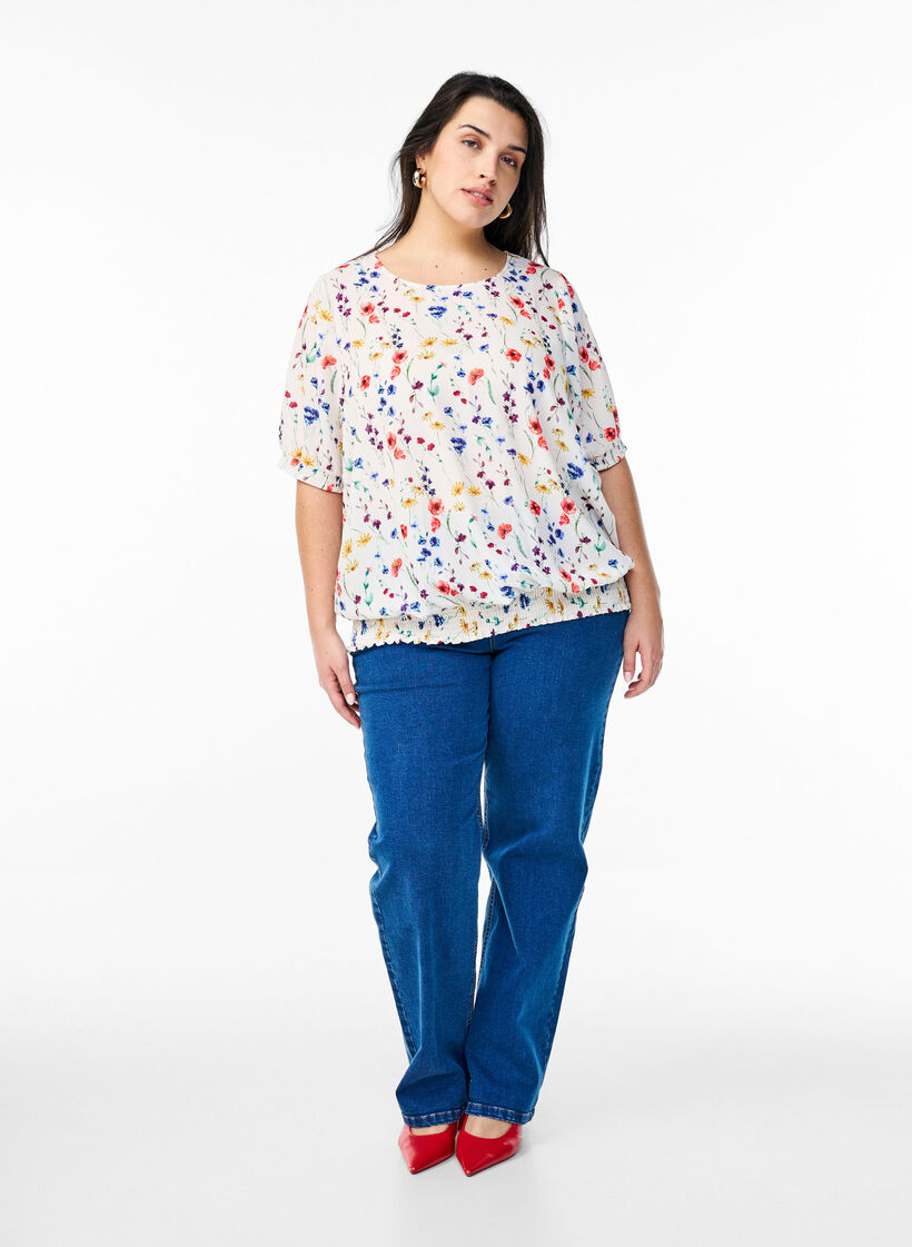 Floral blouse with smocking, Blue, Model image number 1