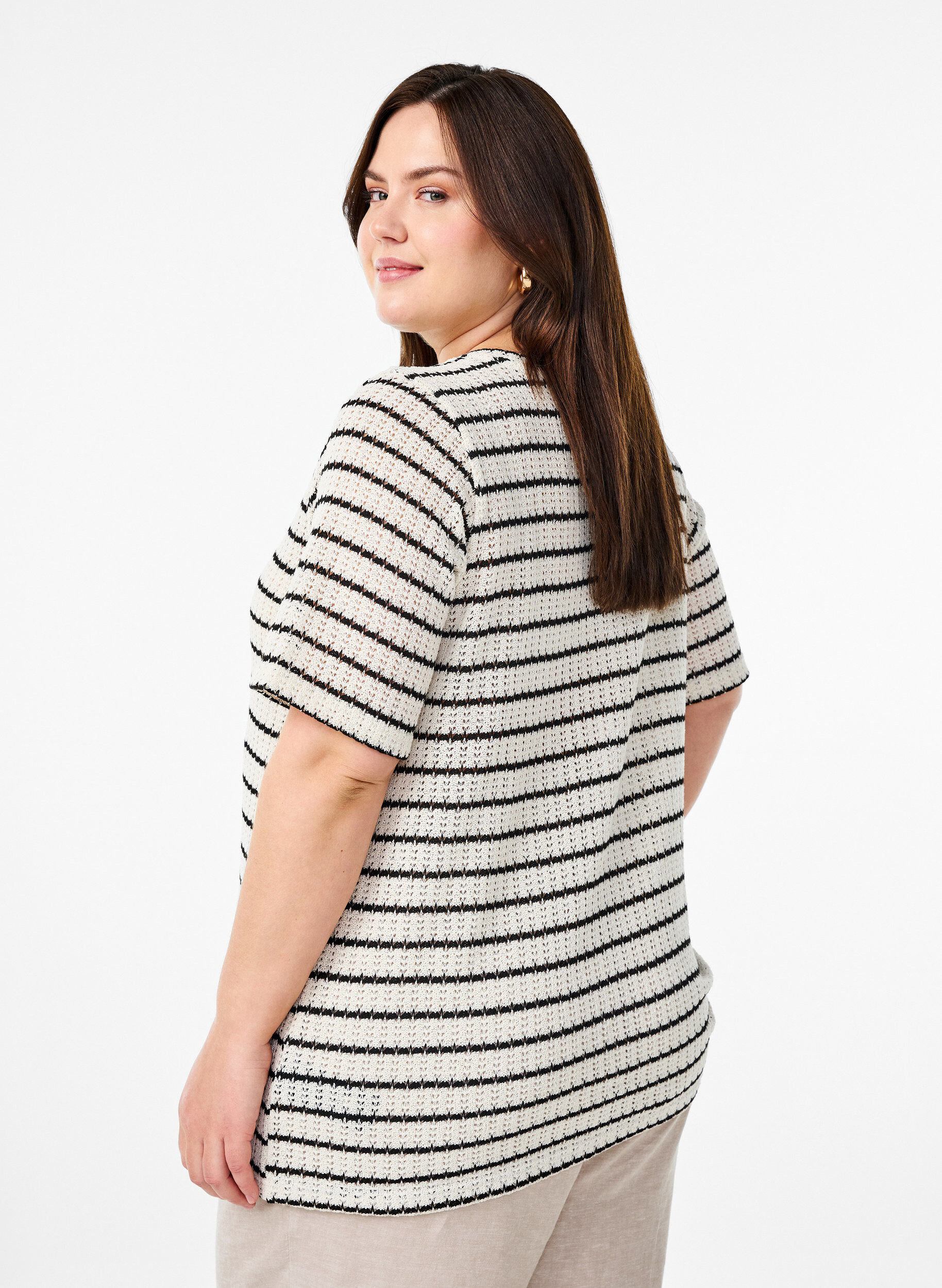 Zizzifashion Striped knitted jersey blouse, Black, Model image number 2