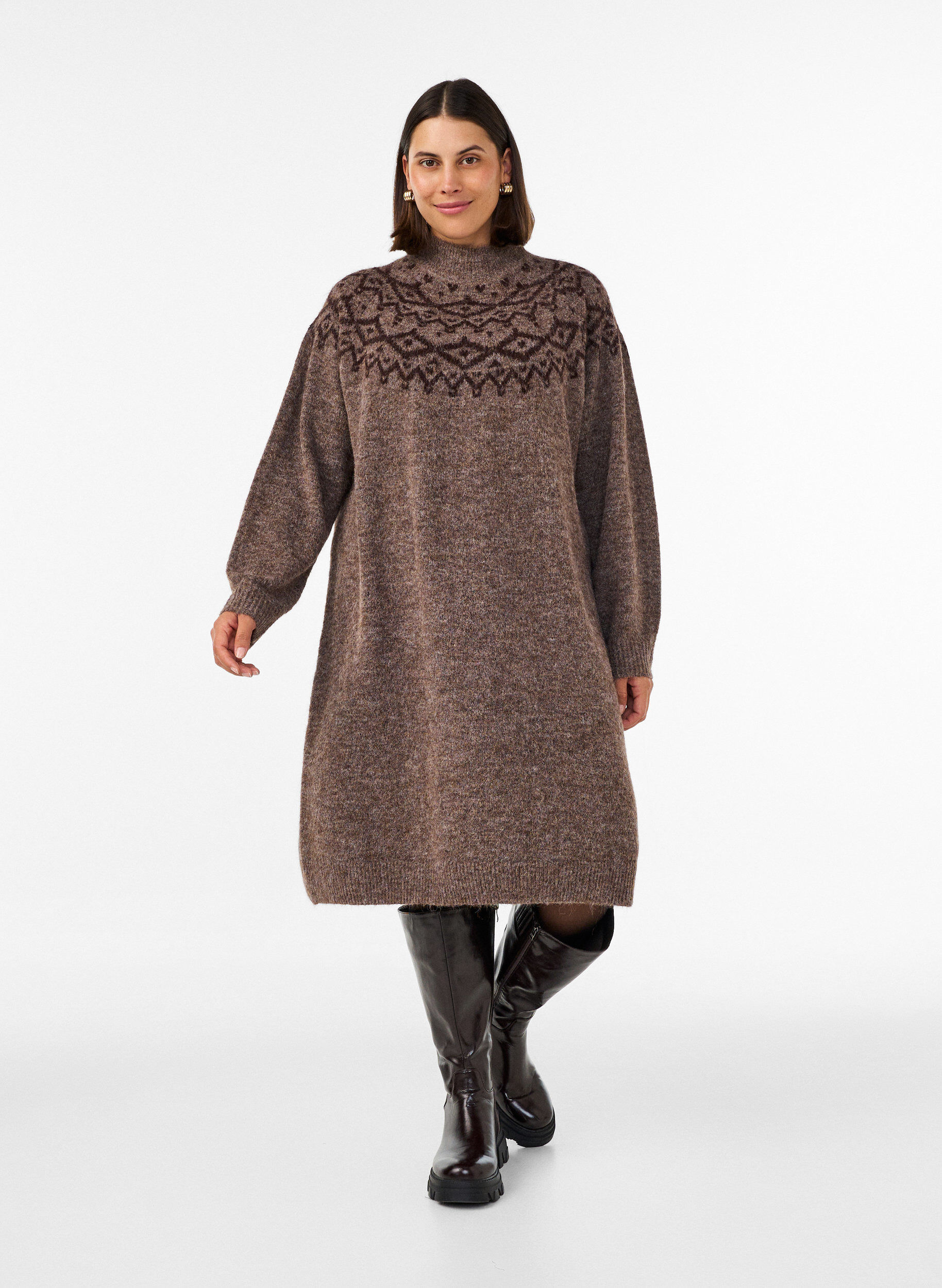 ZizzifashionKnitted dress with jacquard pattern, Brown, Model image number 1