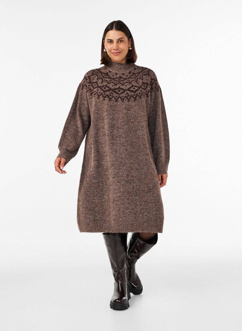 Knitted dress with jacquard pattern, Brown, Model image number 1