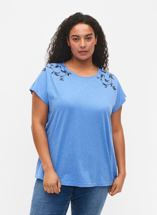 Cotton t-shirt with leaf print, Ultramarine C Leaf, Model image number 0