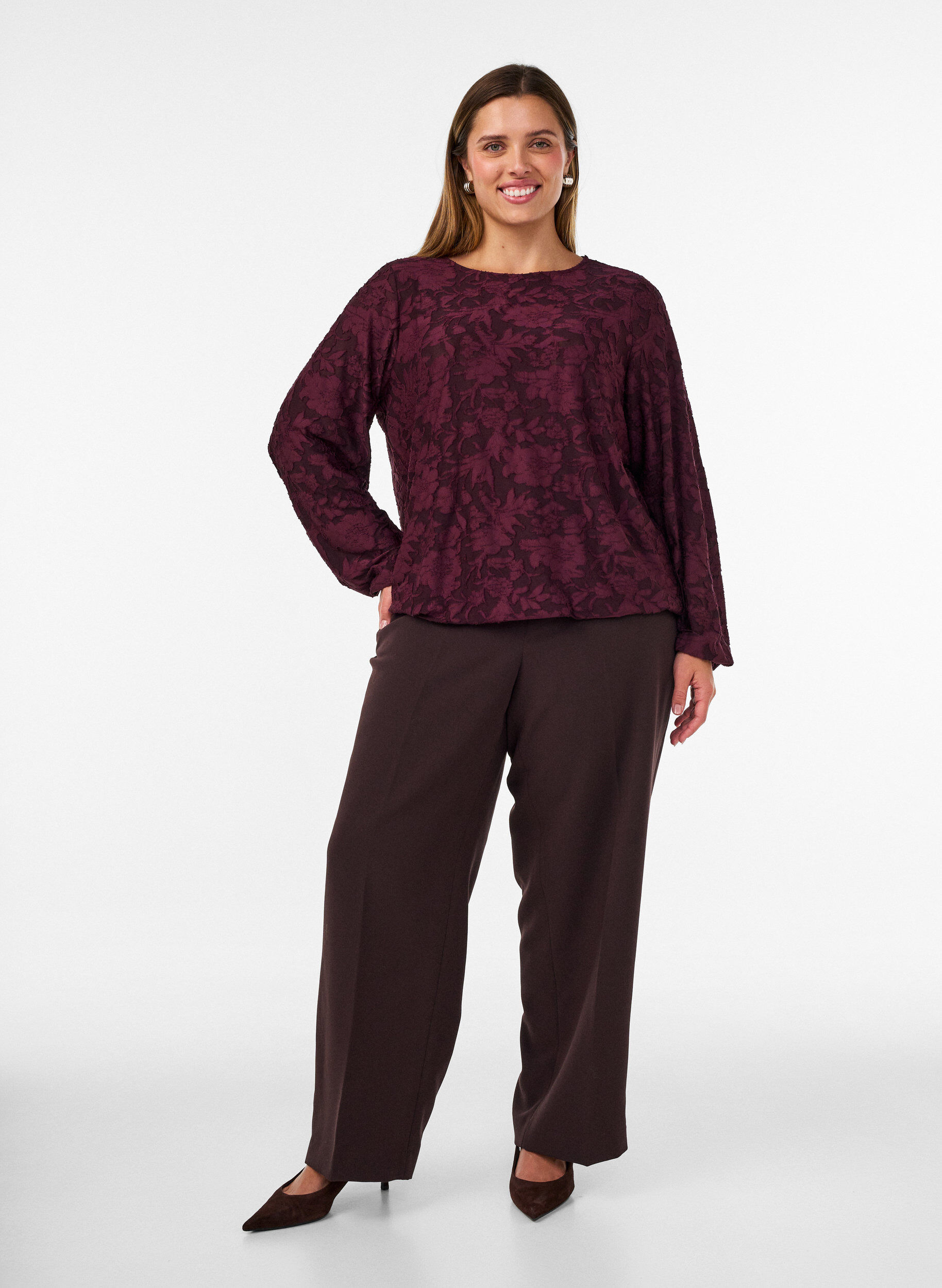 ZizzifashionSheer blouse with floral texture and long sleeves, Red, Model image number 1
