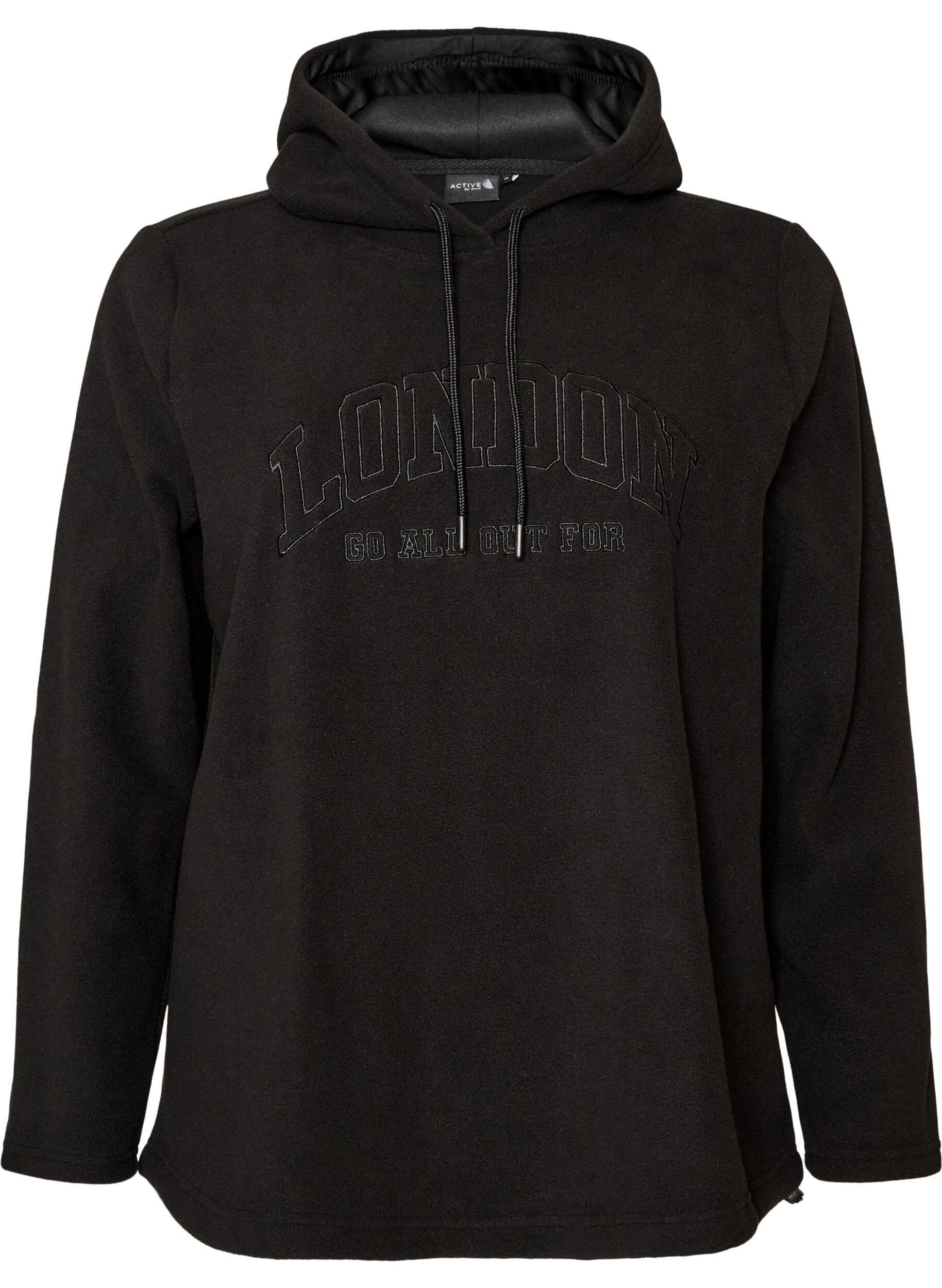 ZizzifashionFleece hoodie with a high neck and embroidered text, Black, Packshot image number 0
