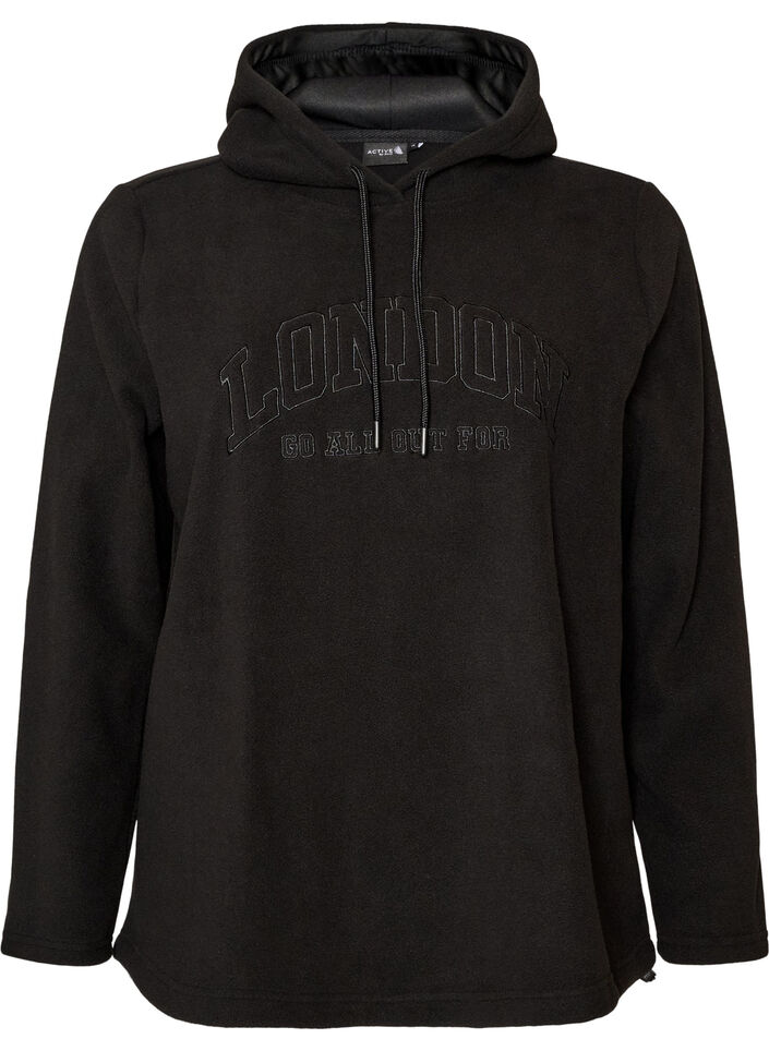 Fleece hoodie with a high neck and embroidered text, Black, Packshot image number 0