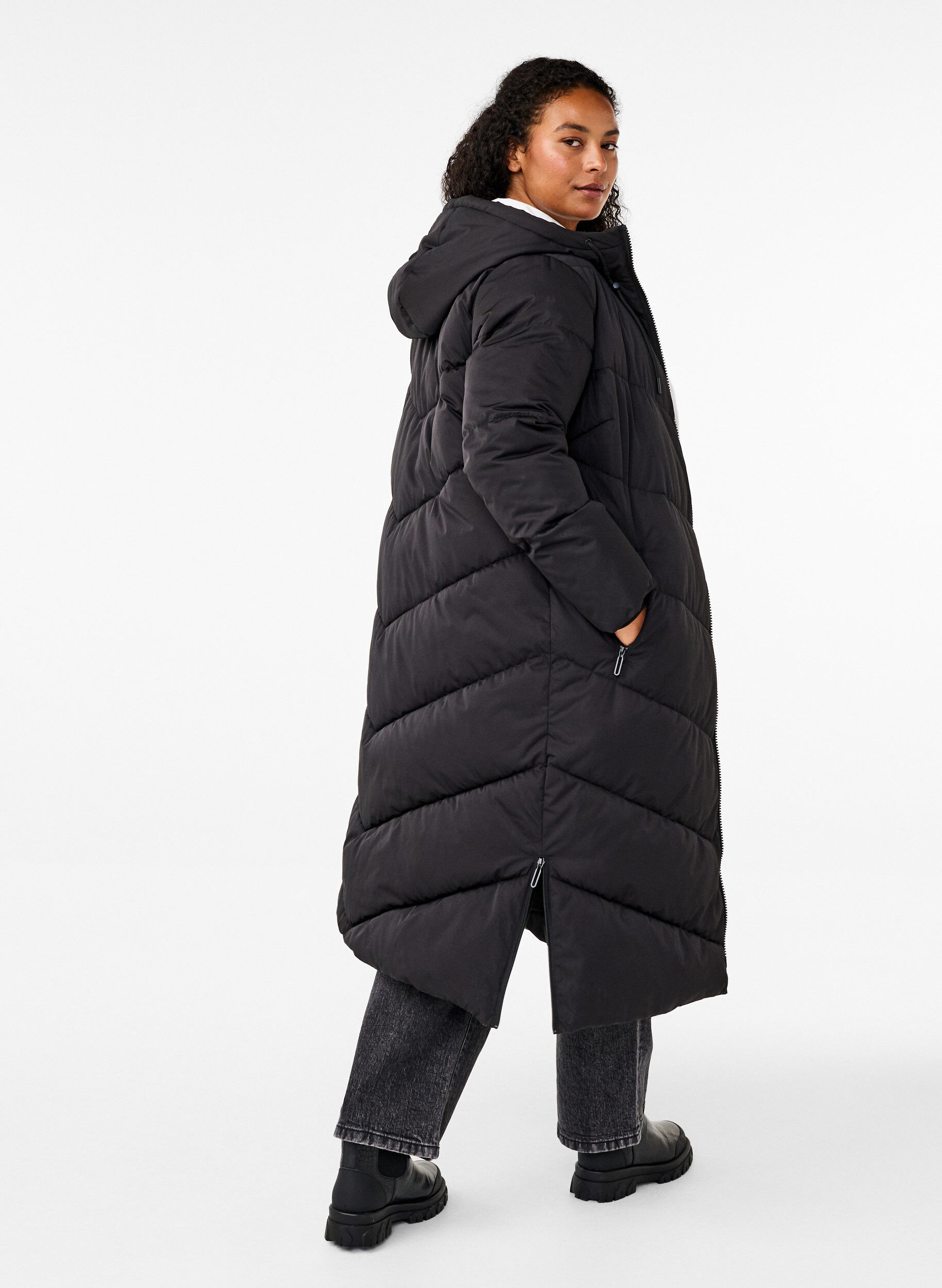 Zizzifashion Long puffer coat with hood and pockets, Black, Model image number 2