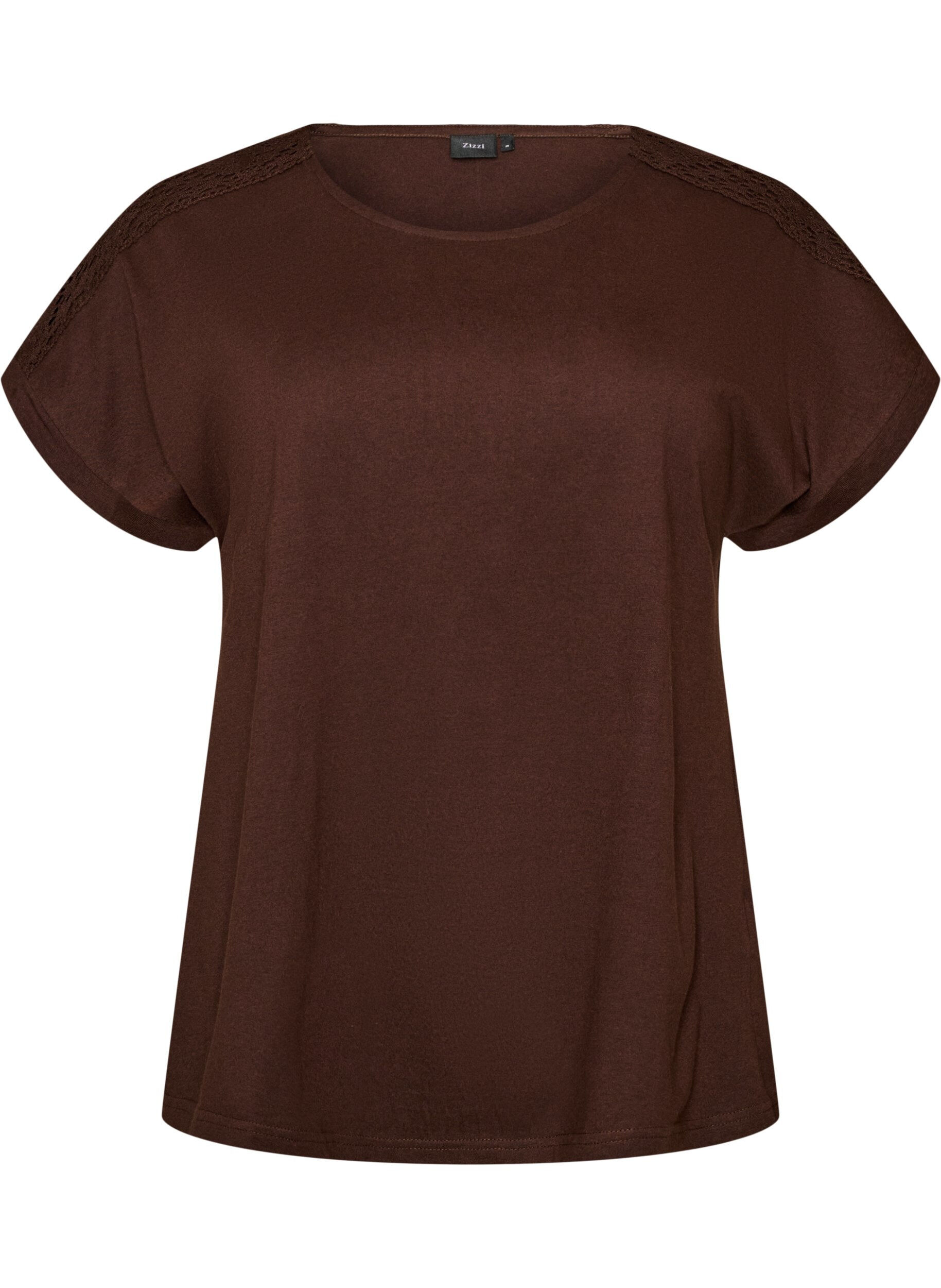Zizzifashion Cotton T-shirt with crochet detail, Brown, Packshot image number 0