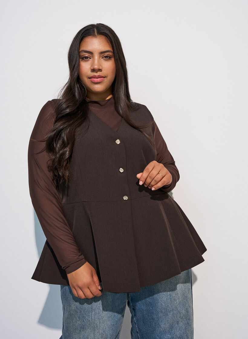 Fitted mesh blouse with long sleeves, Brown, Model image number 0