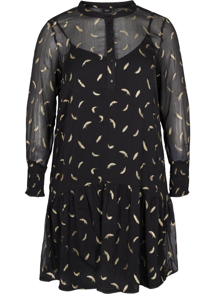Dress with a-shape and smock, Black, Packshot image number 0