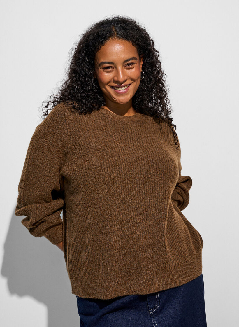 Ribbed jumper with balloon sleeves, Brown, Model image number 0