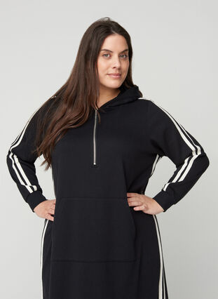 Long sweater dress with a hood and pocket, Black, Model image number 2