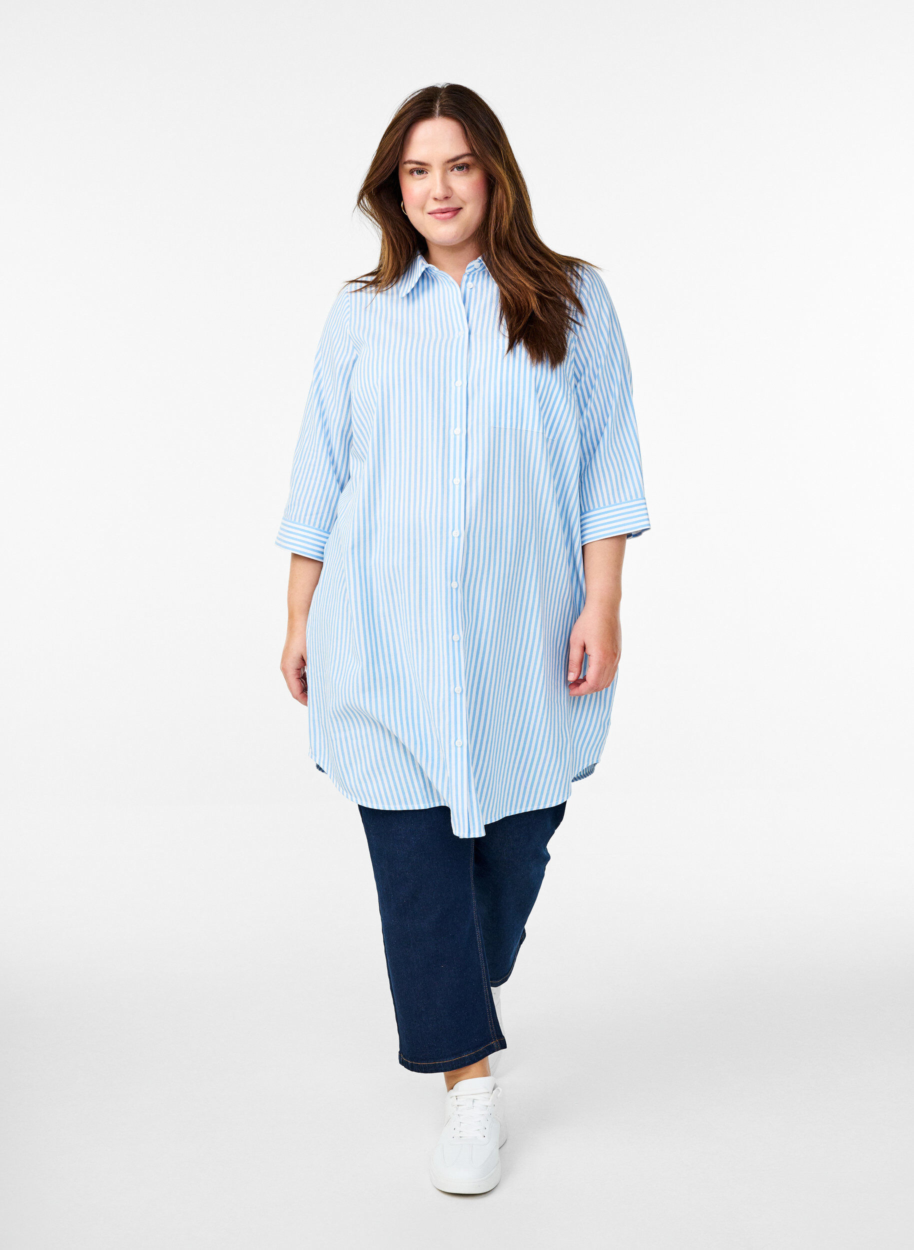 Zizzifashion Long striped shirt with 3/4 sleeves, Light Blue, Model image number 1