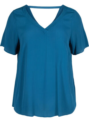Short-sleeved viscose blouse with V-neckline, Poseidon, Packshot image number 0