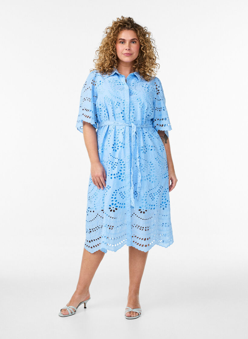 Shirt dress in broderie anglaise with a tie-belt, Blue, Model image number 1