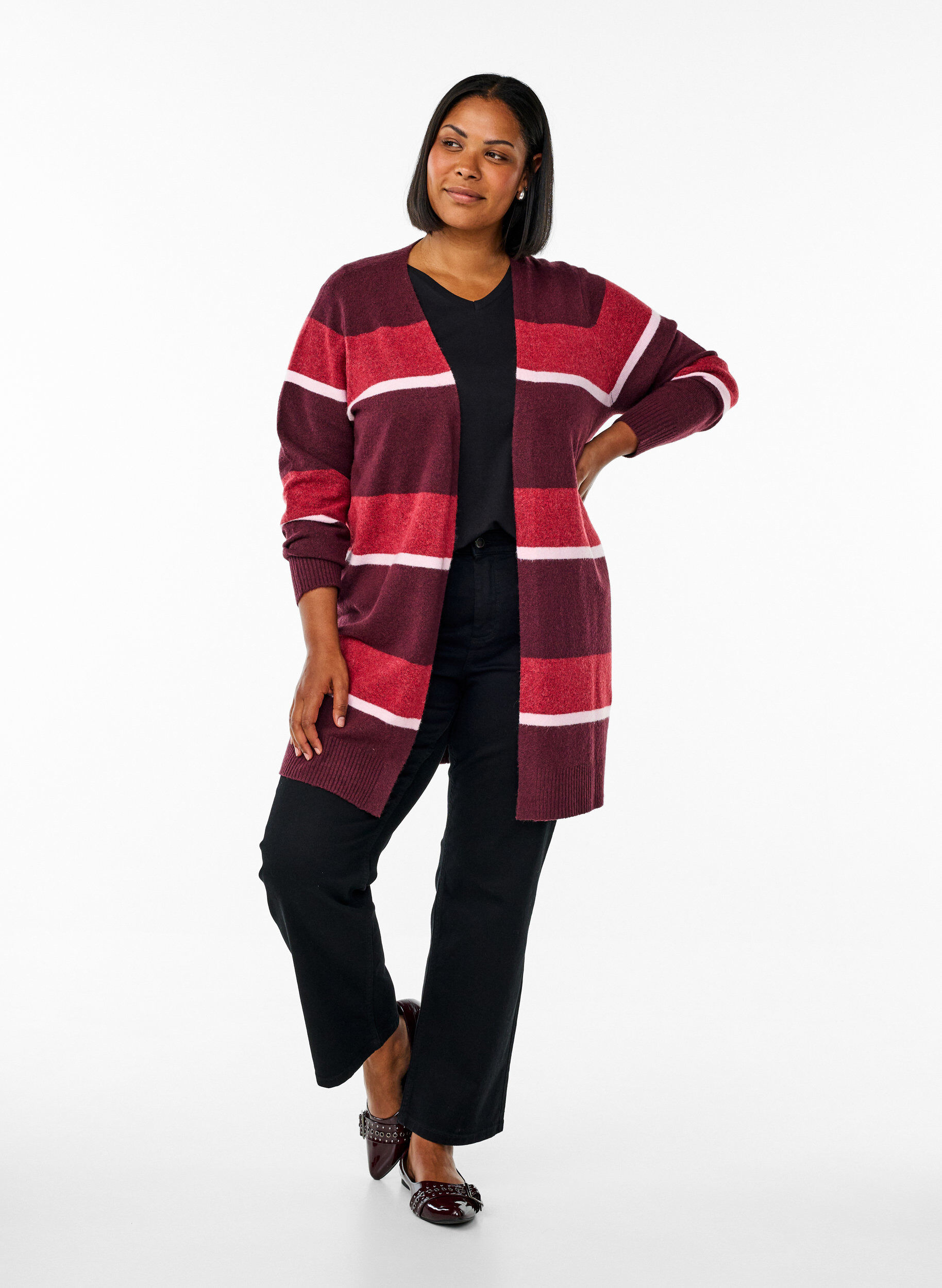 Zizzifashion Long knit cardigan with wide stripes, Dark Bordeaux, Model image number 1