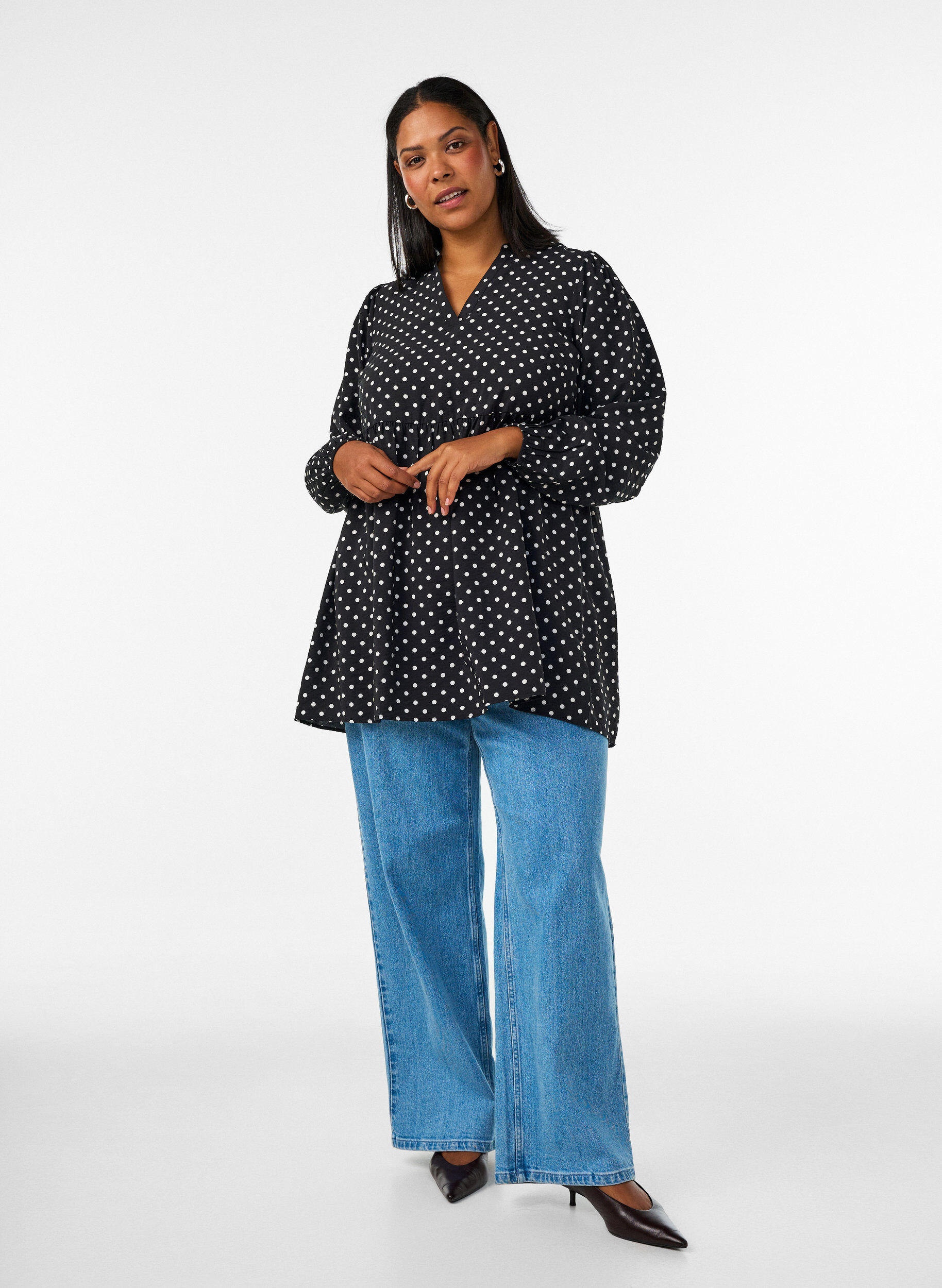 ZizzifashionPolka dot tunic with empire line and A-line shape, Black, Model image number 1