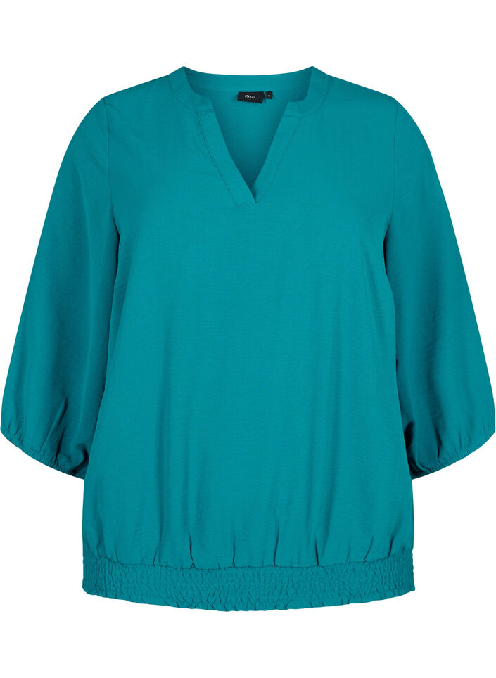 Blouse with smock and 3/4 sleeves, Deep Lake, Packshot image number 0
