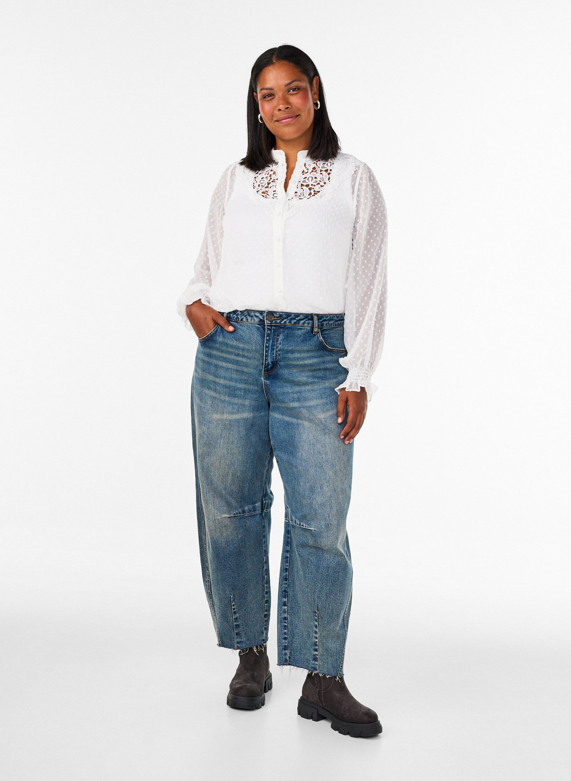 ZizzifashionShirt blouse with lace insert and dot pattern, Vanilla, Model image number 1