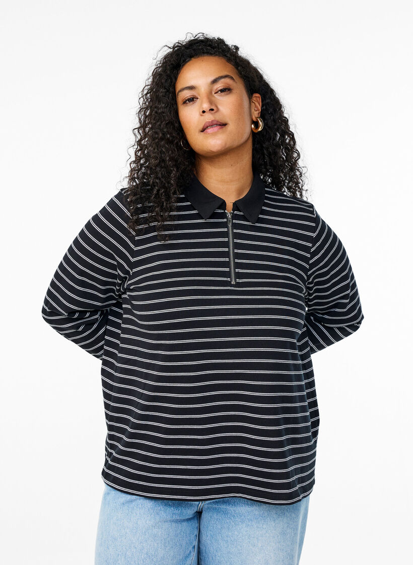 Striped polo shirt with zipper, Black, Model image number 0