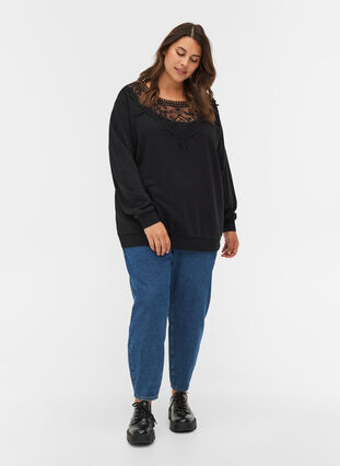 Solid-coloured sweatshirt with lace detailing, Black, Model image number 3