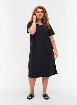Short-sleeved dress in cotton with slit, Black, Model image number 2