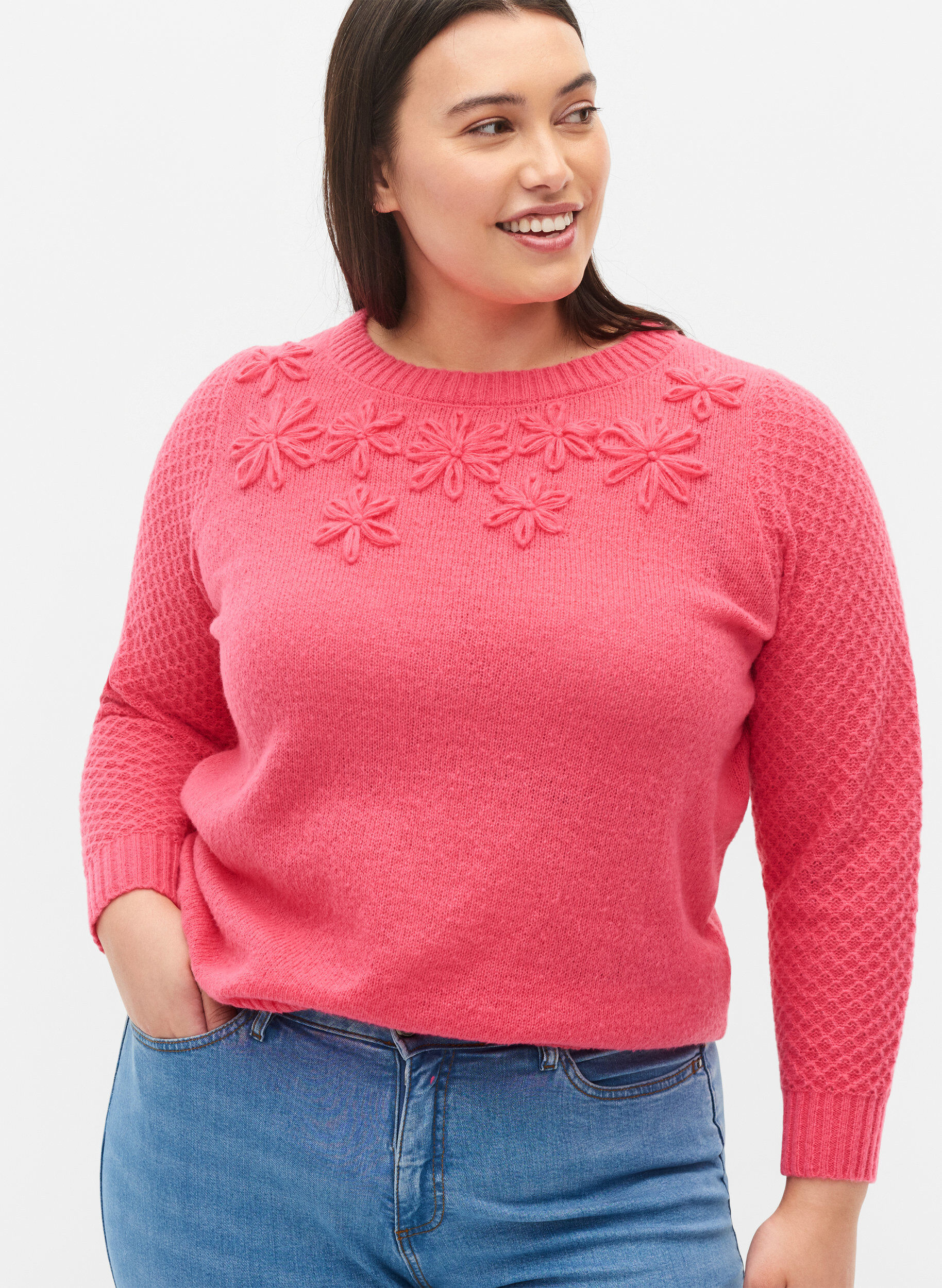 Zizzifashion Knitted jumper with flower details, Hot Pink, Model image number 2