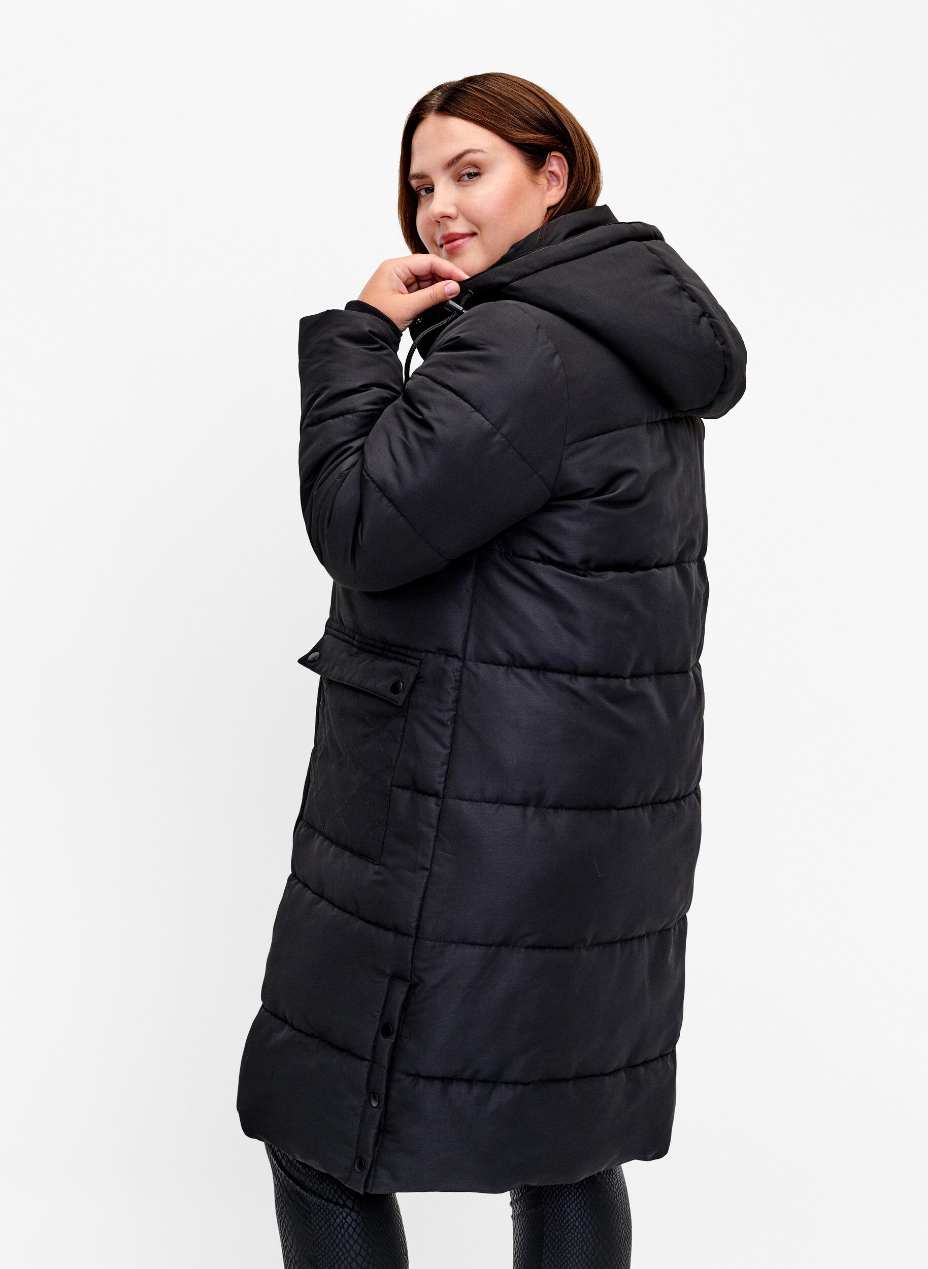 Zizzifashion Long puffer jacket with pockets and hood, Black, Model image number 2