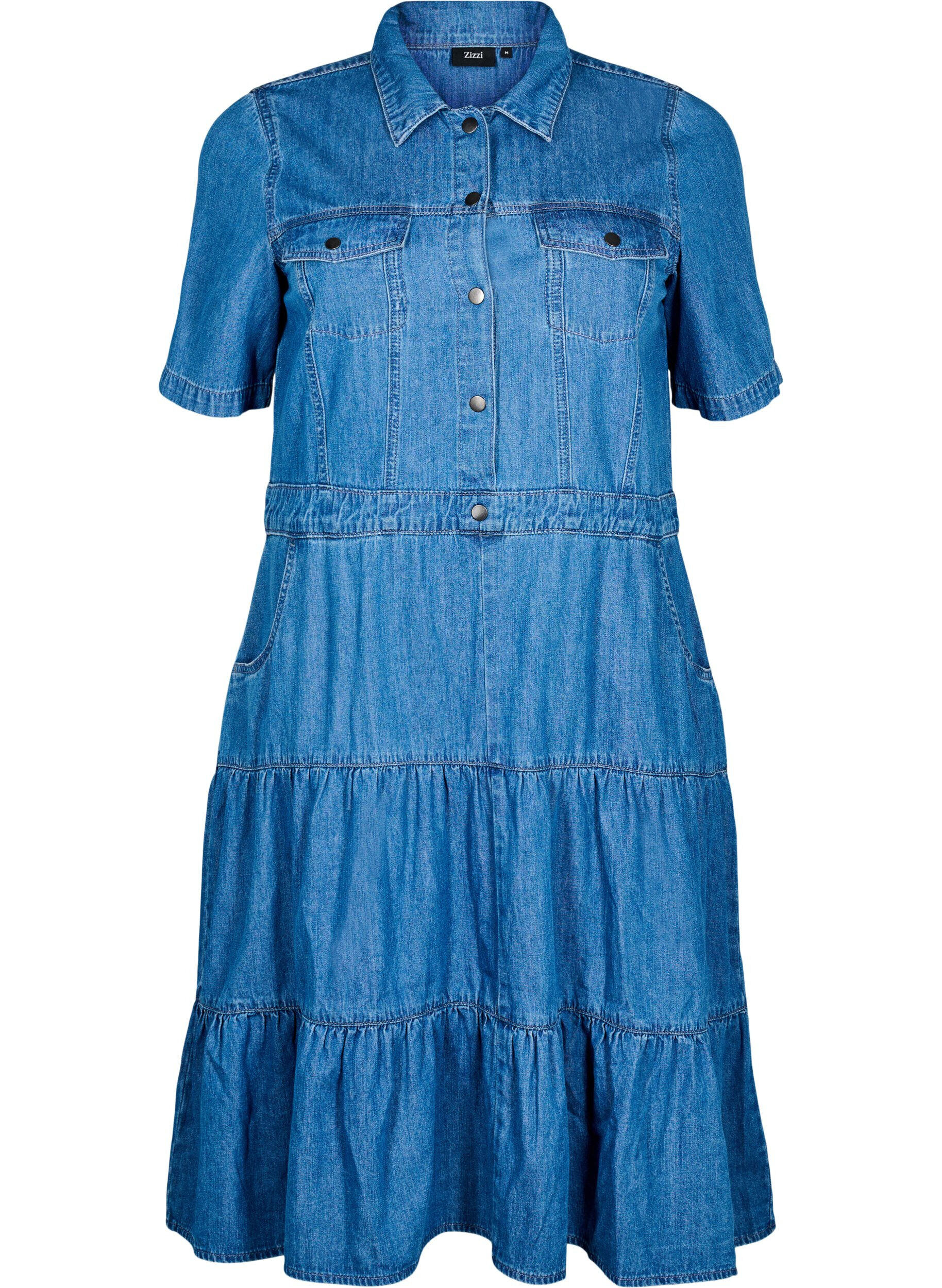 Midi denim dress with buttons and short sleeves