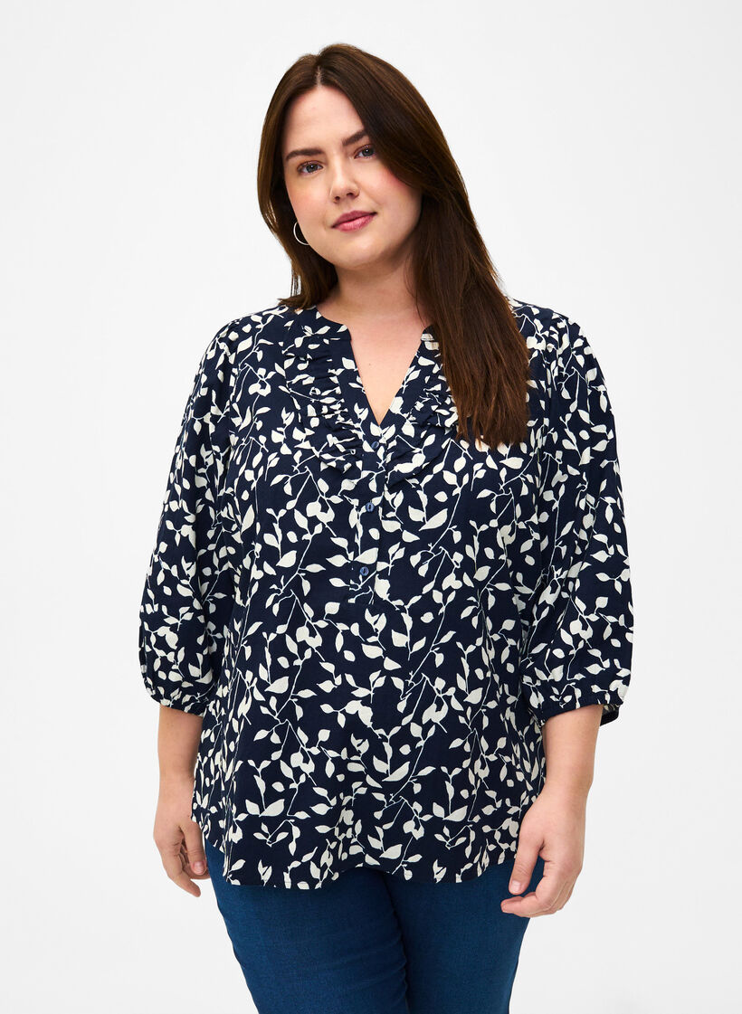 3/4 sleeve cotton Blouse with print, Navy Blazer Leaf, Model image number 0