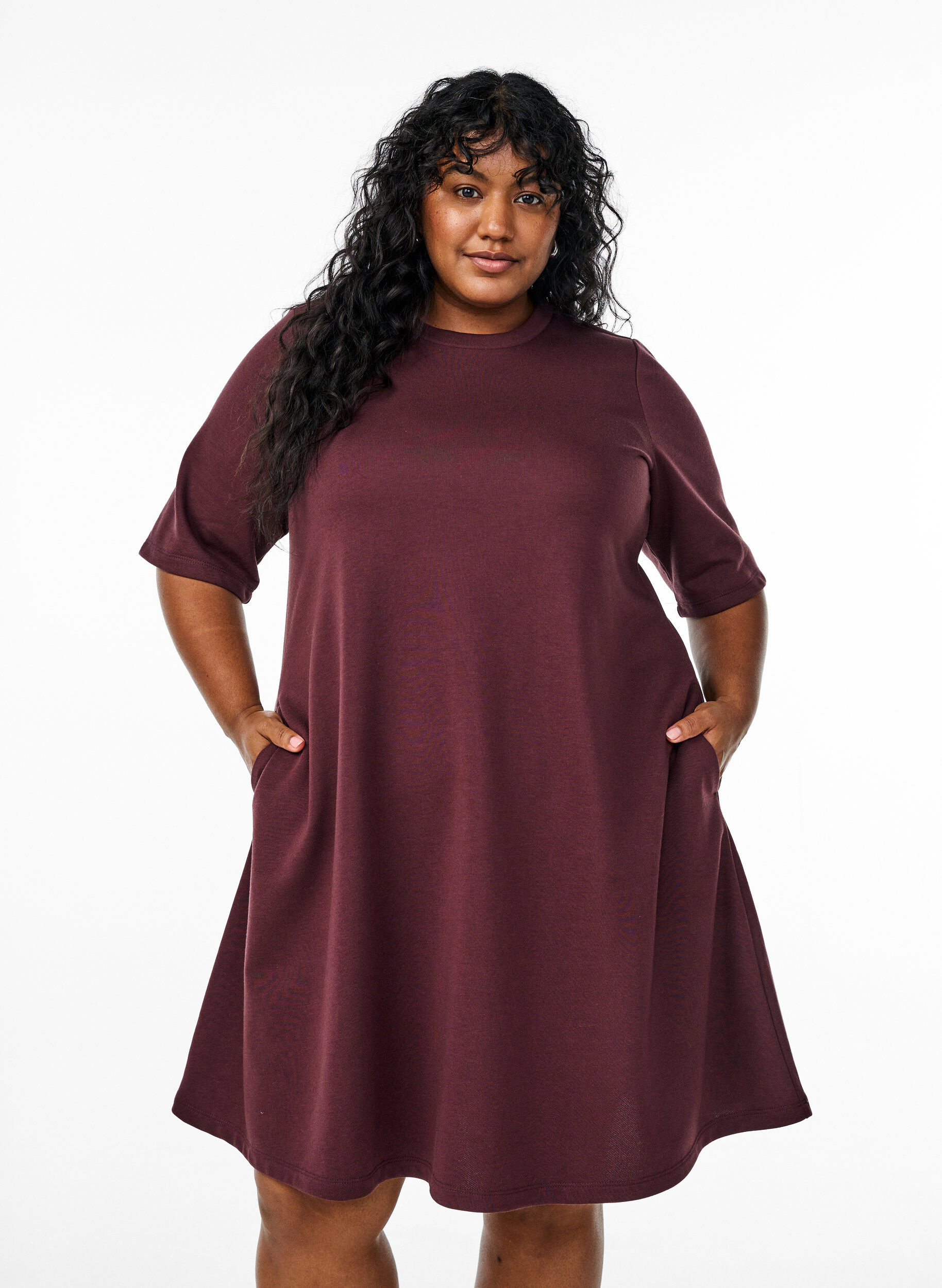 Zizzifashion Knee-length jersey dress with pockets and A-line shape, Dark Bordeaux, Model image number 1