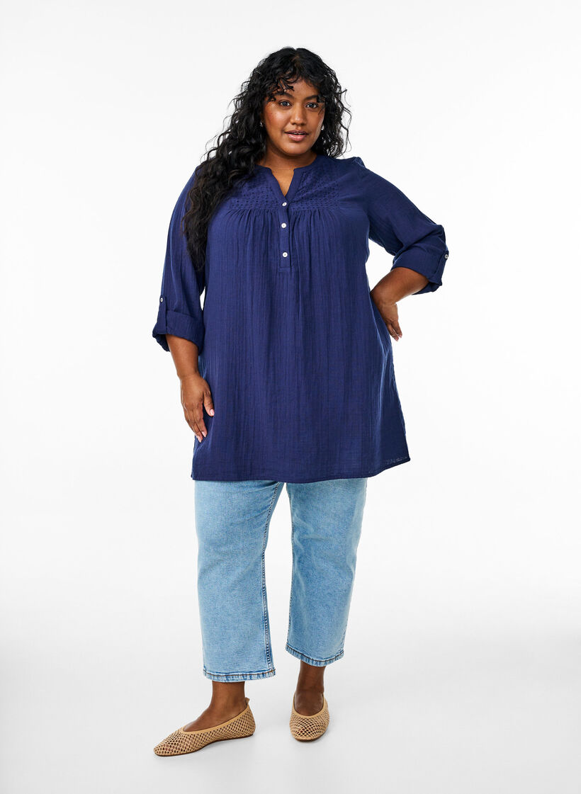 Cotton muslin tunic with broderie anglaise, Blue, Model image number 1