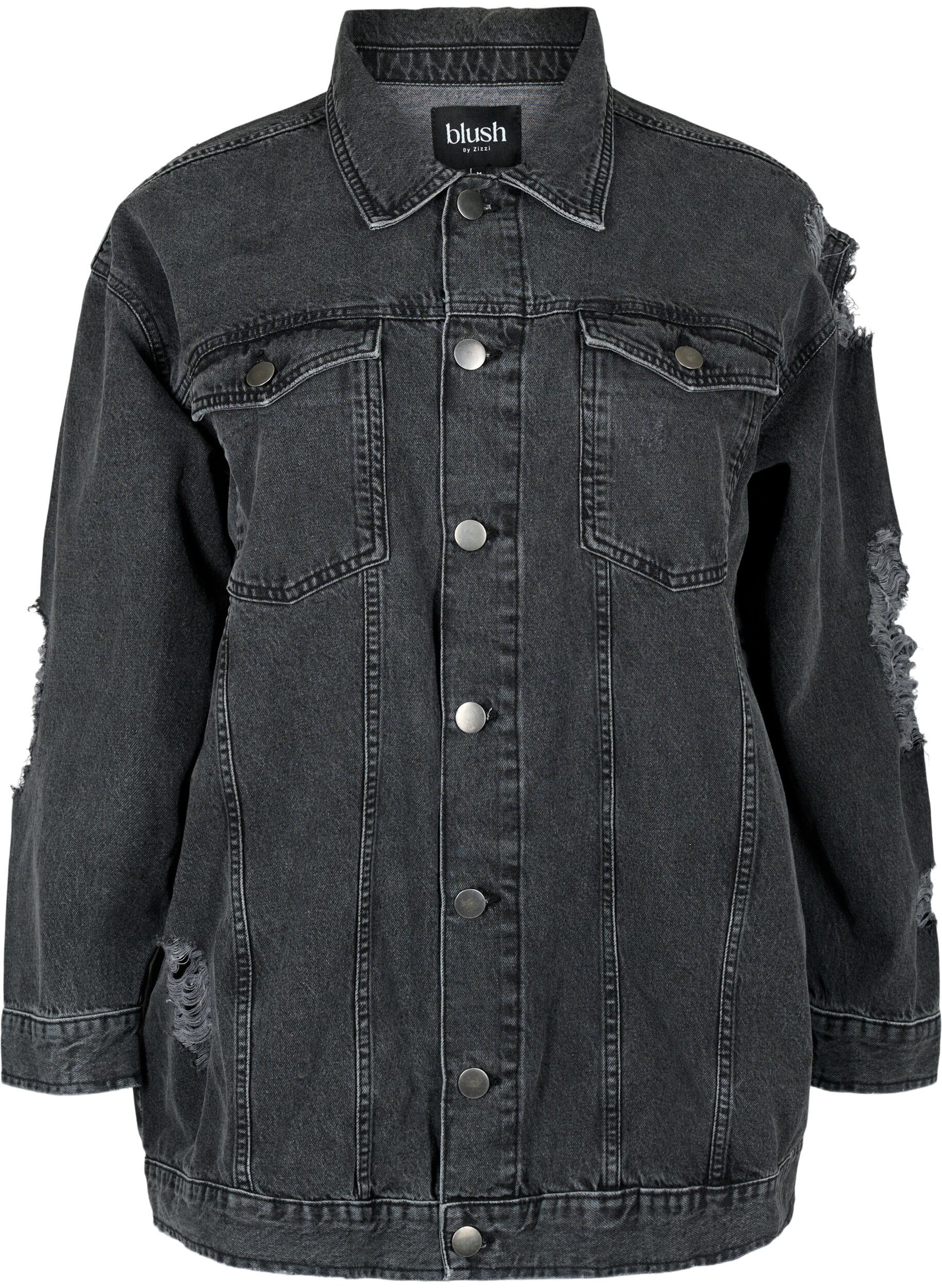 Zizzifashion Loose fit denim jacket with worn details, Dark Grey Denim, Packshot image number 0