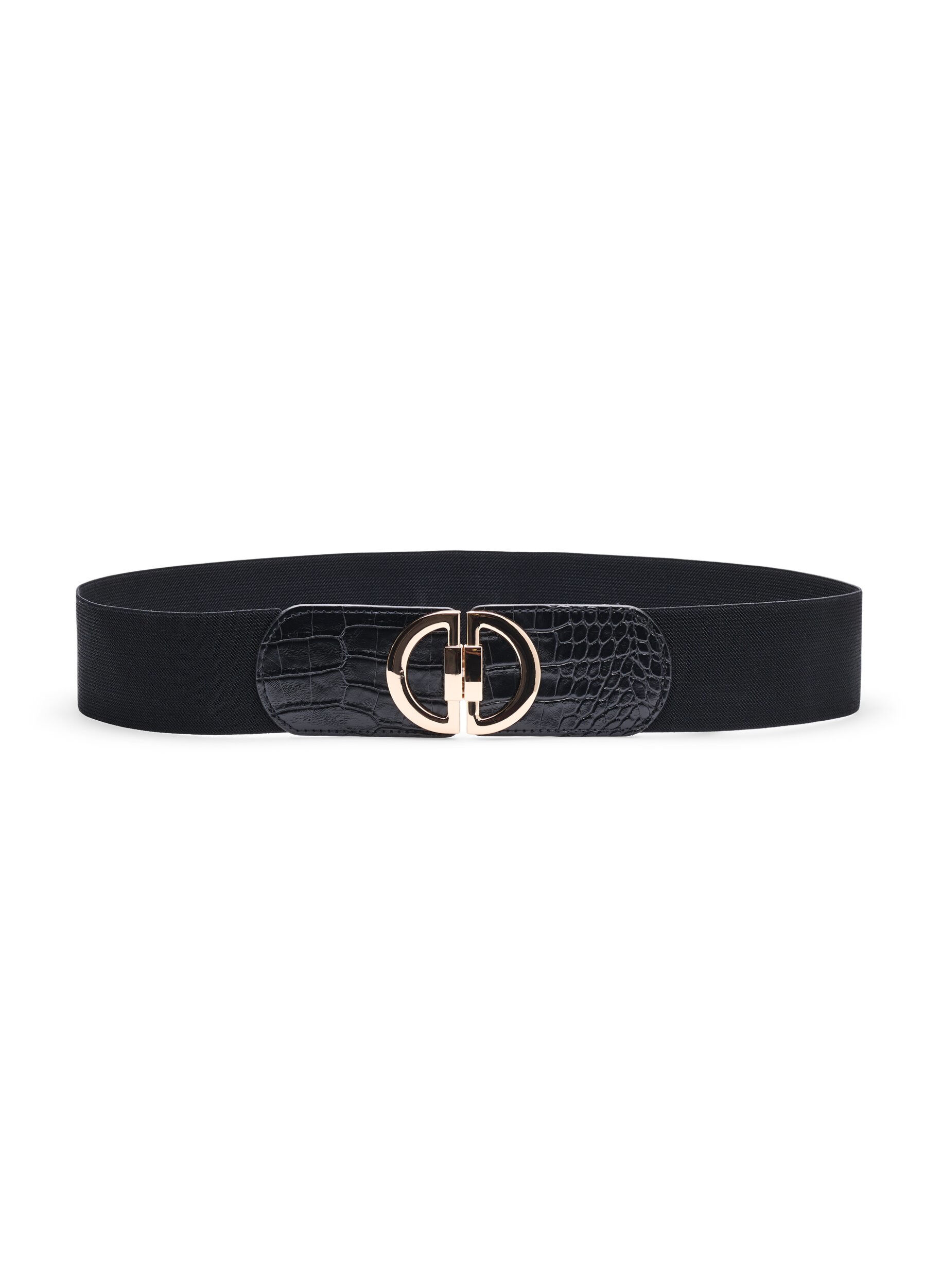 Zizzifashion Elastic waist belt with gold-colored buckle, Black, Packshot image number 0