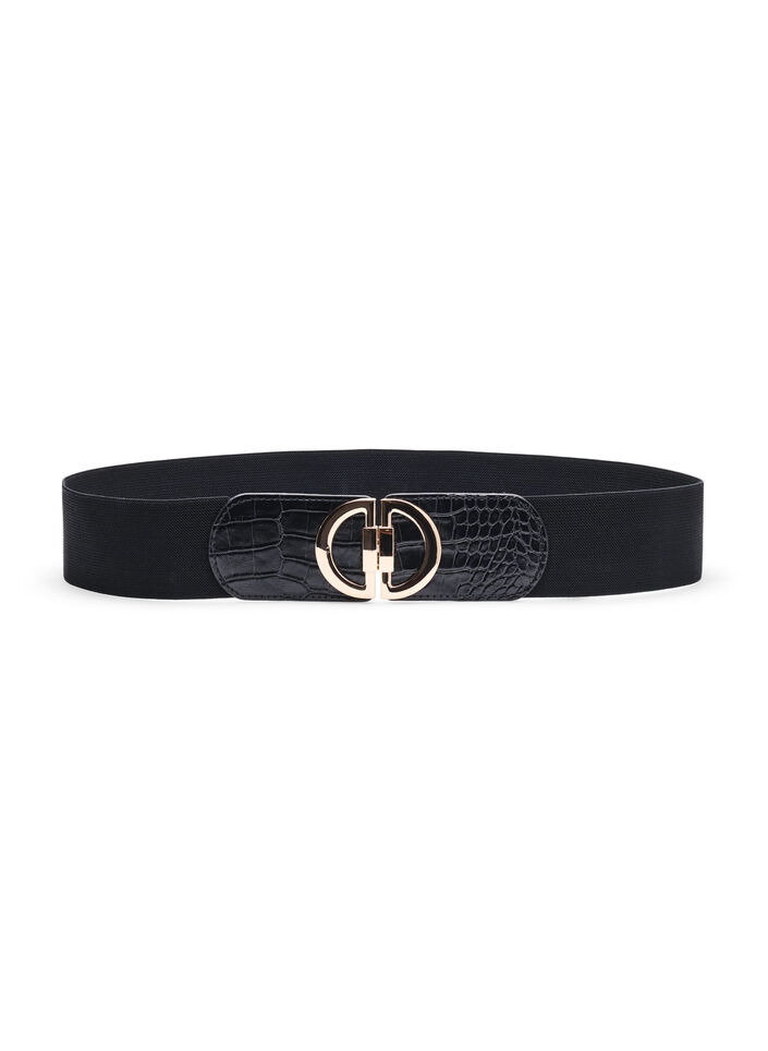 Elastic waist belt with gold-colored buckle, Black, Packshot image number 0