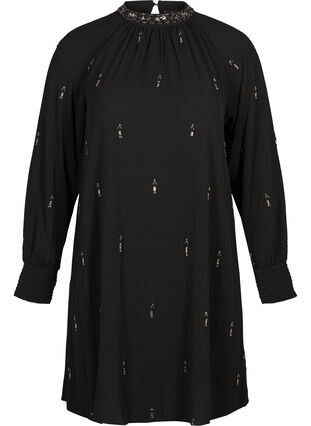 Long-sleeved dress with pearls and smocking, Black, Packshot image number 0