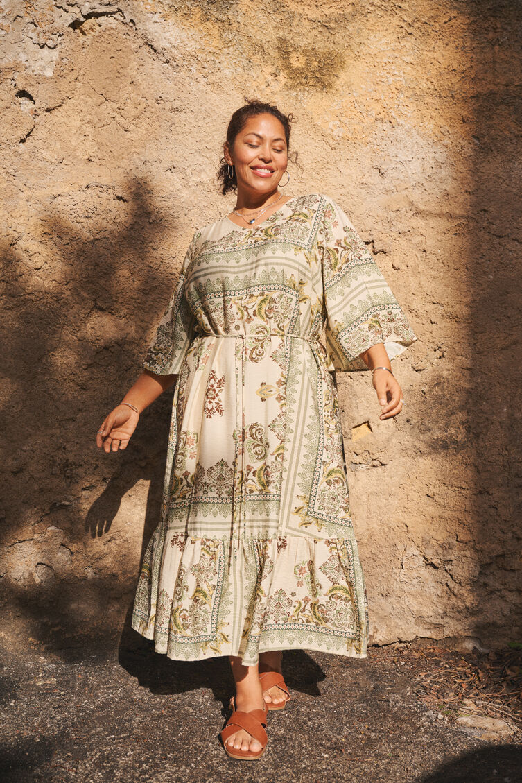 Patterned dress in green tones, , Model