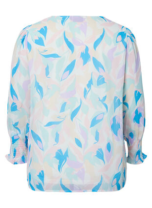 Floral blouse with long sleeves and v neck, White/Pastel Leaf, Packshot image number 1