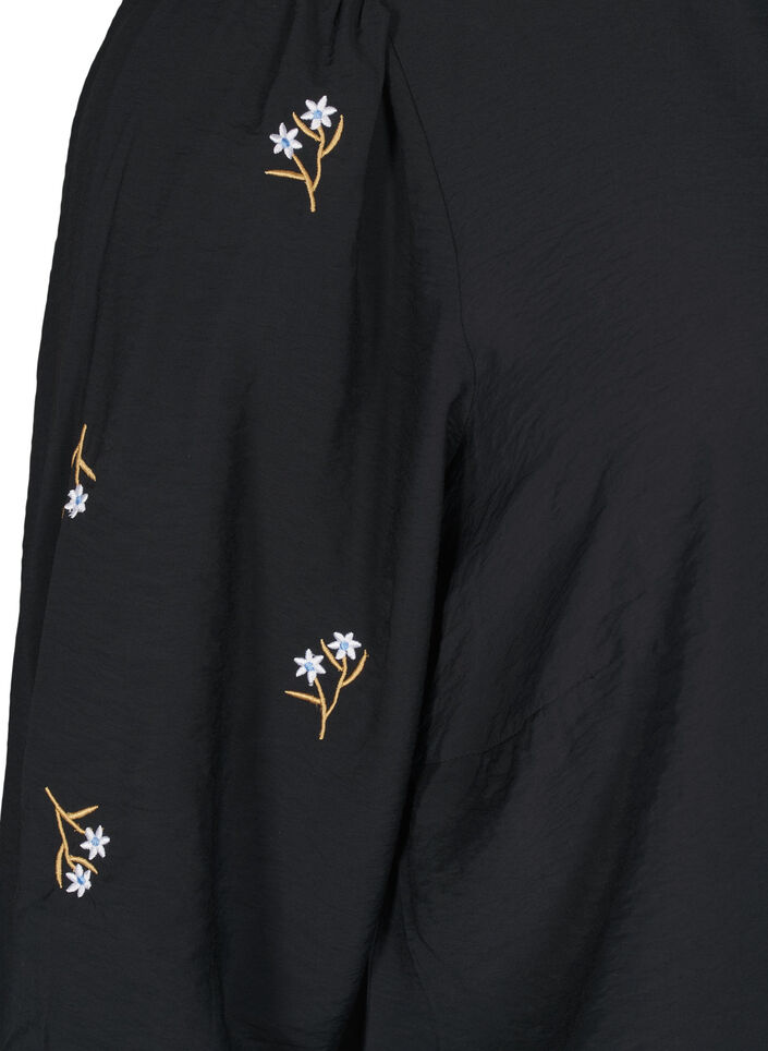 Blouse with 3/4 sleeves and floral embroidery, Black, Packshot image number 3