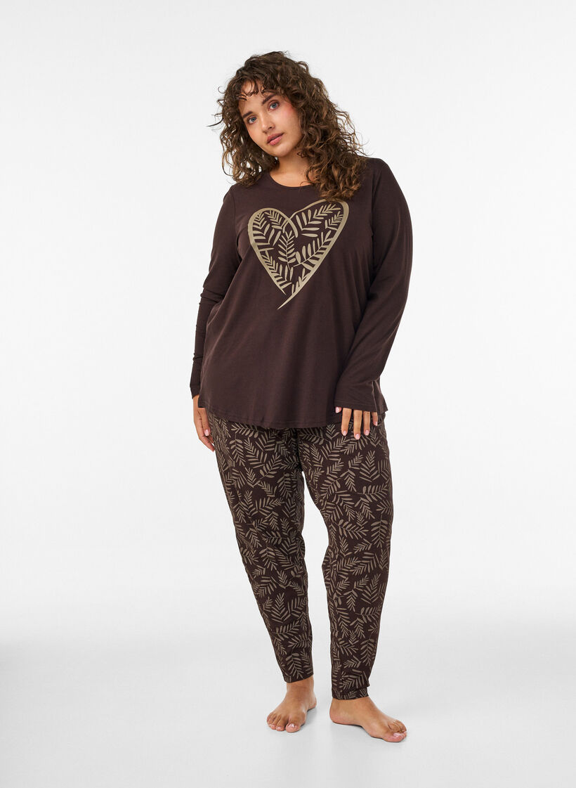 Cotton pyjama top with heart print, Brown, Model image number 1