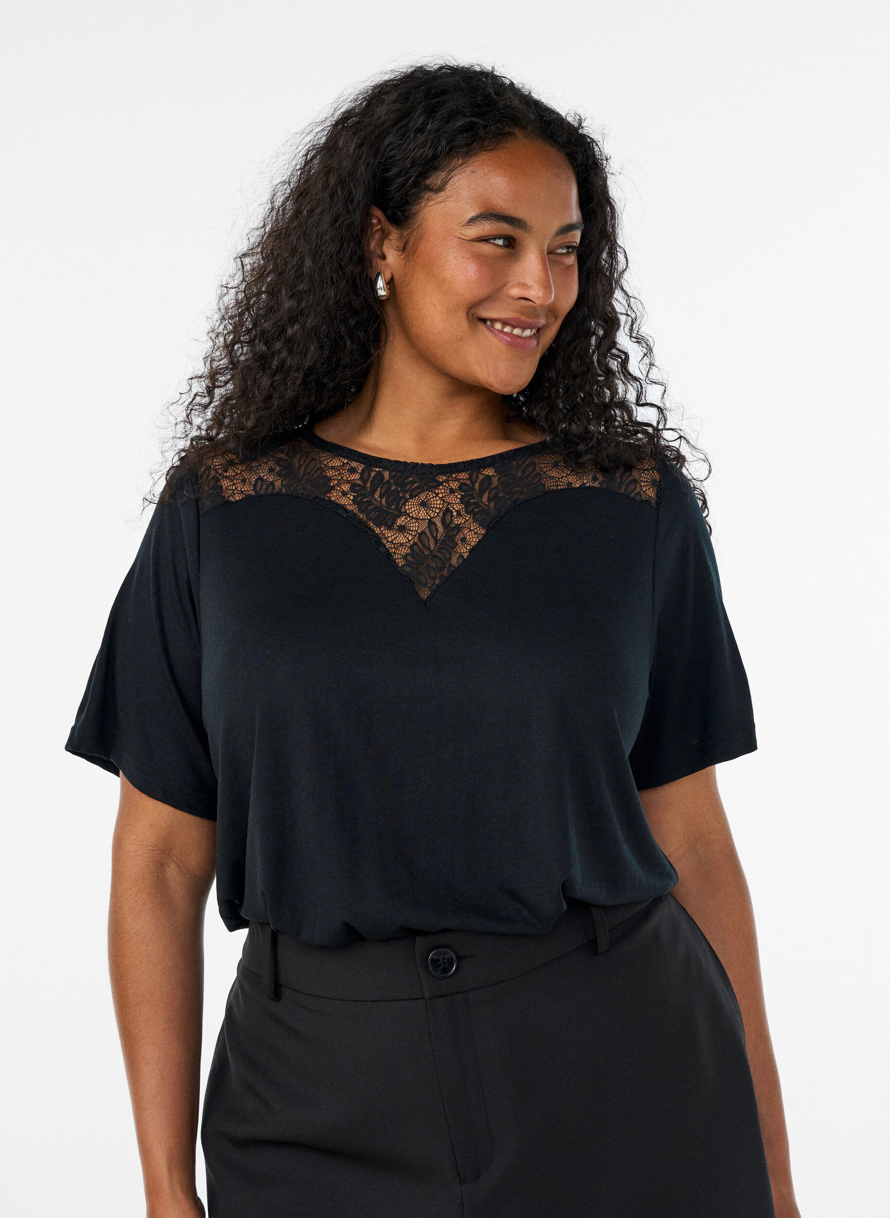 Zizzifashion Blouse with lace insert and balloon sleeves, Black, Model image number 0