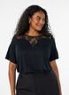 Blouse with lace insert and balloon sleeves, Black, Model image number 0